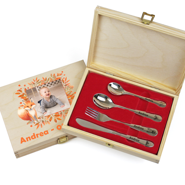 Cofanetto posate bambino personalizzato Piccola Volpe con foto Cofanetto posate bambino personalizzato Piccola Volpe con foto