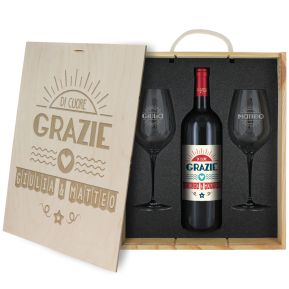 Cofanetto vino e bicchieri personalizzato Grazie