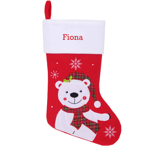 Calza natalizia rossa in feltro ricamata con nome orso polare