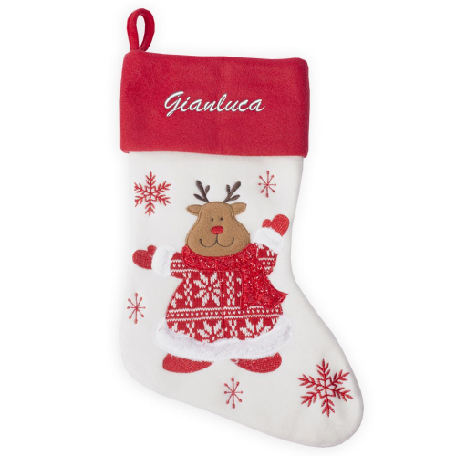Calza natalizia con inserti in maglia personalizzata con nome renna