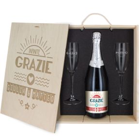 Cofanetto Champagne e bicchieri personalizzato Grazie