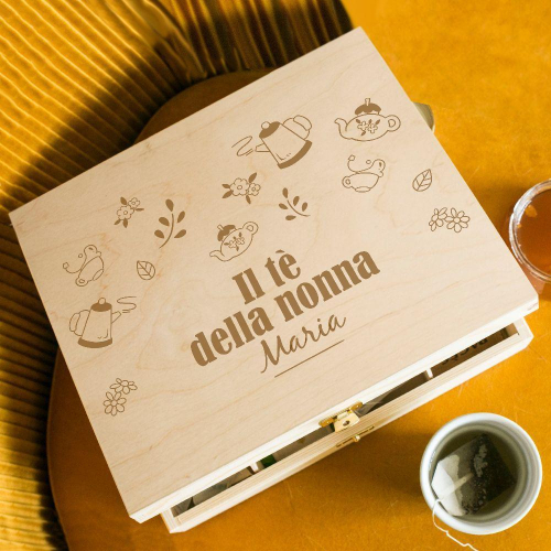 Scatola tè e tisane con design elegante inciso