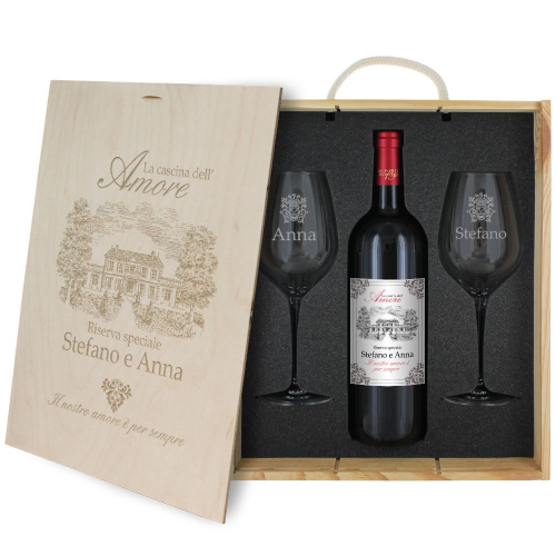 Cassetta vino e bicchieri cascina dell'amore