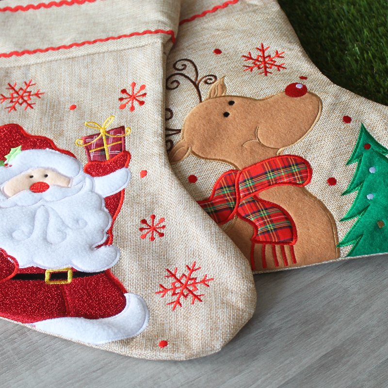 Boseago 4 Pezzi Calze Natalizie Appese,Calza di Natale,Calze Natalizie da Appendere in Lino,Decorazione Calza Natalizia per Camino Albero di Natale,Calza di Natale Grande Sacchetti Regalo C 