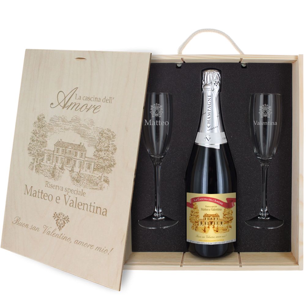 Cofanetto Champagne e bicchieri personalizzato Amore