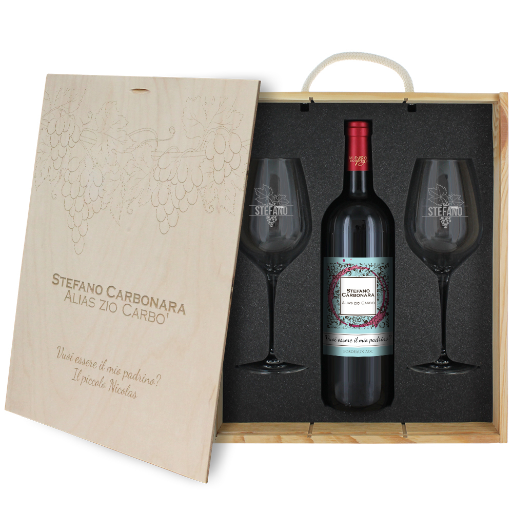 Cofanetto vino e bicchieri personalizzato Grappolo e Vigne